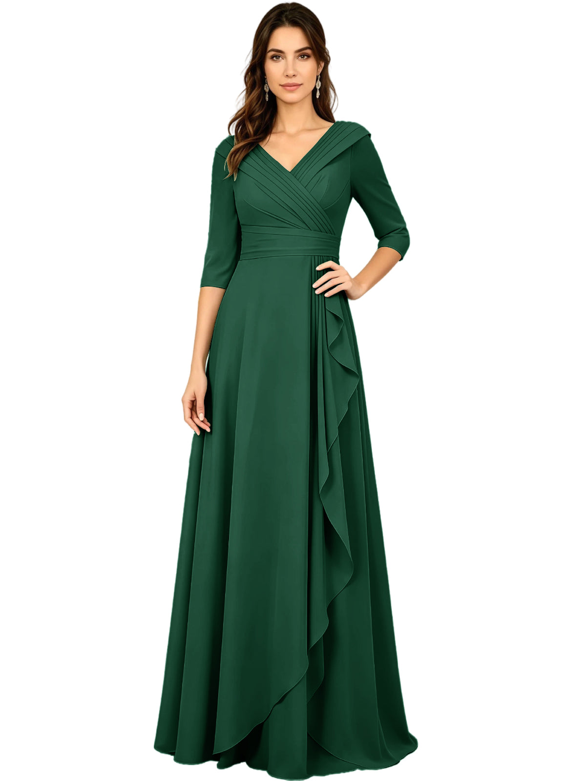 Emerald green chiffon V-neck A-line dress with three-quarter sleeves and side ruffle