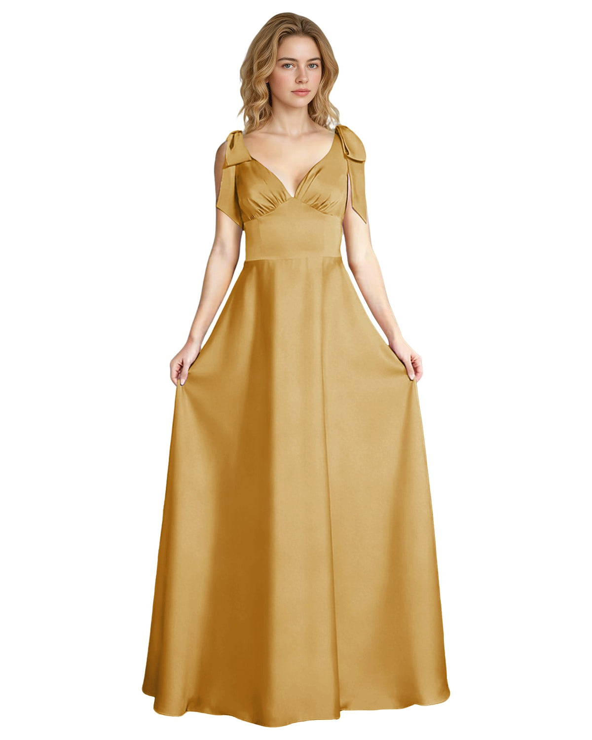 Gold satin V-neck bridesmaid dress with bow shoulder straps and empire waist, front view