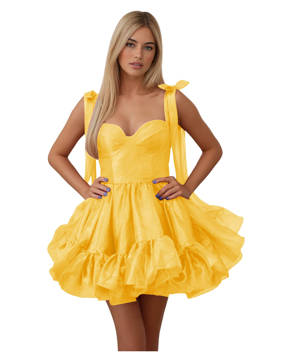 Golden yellow satin corset homecoming dress with bow shoulder ties and tiered ruffle hem