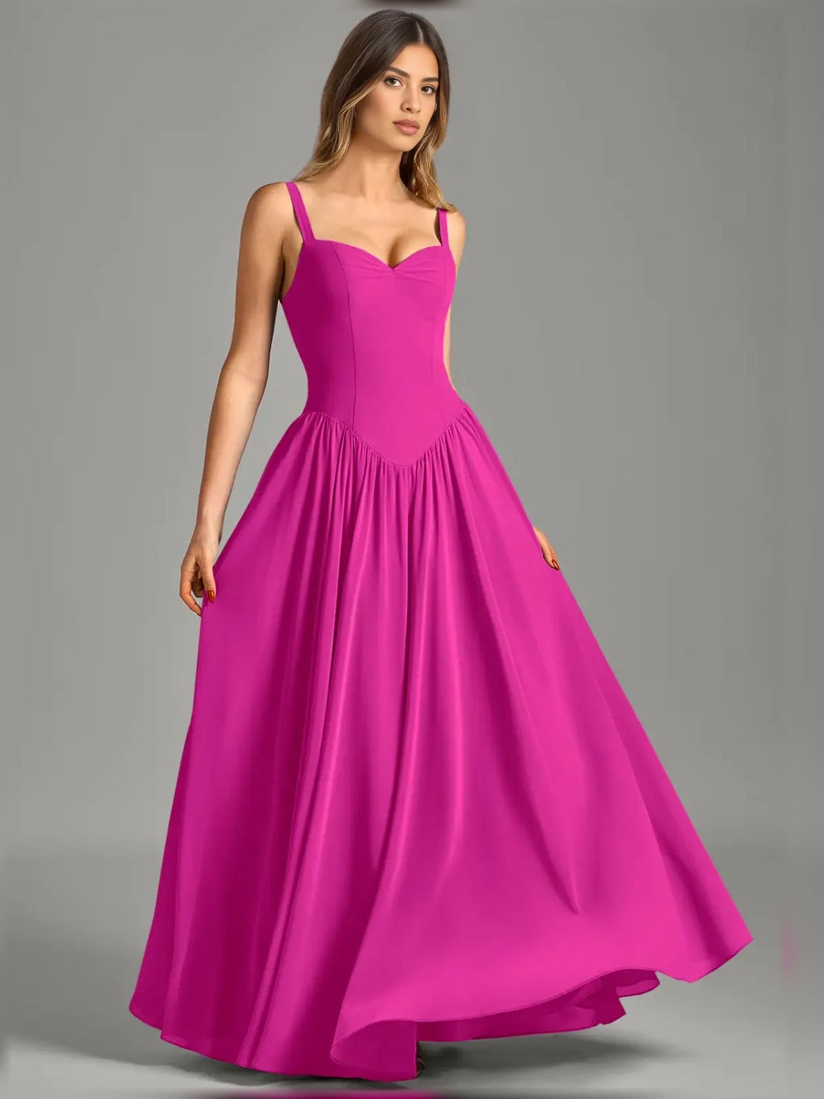 Fuchsia sweetheart corset maxi chiffon dress with spaghetti straps and pleated A-line skirt