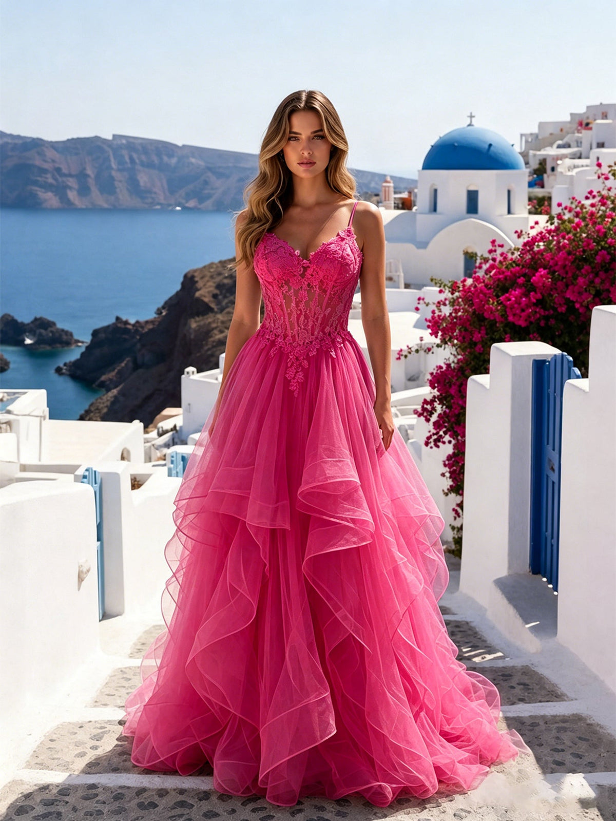 Hot pink lace corset prom dress with spaghetti straps and layered tulle ruffle skirt