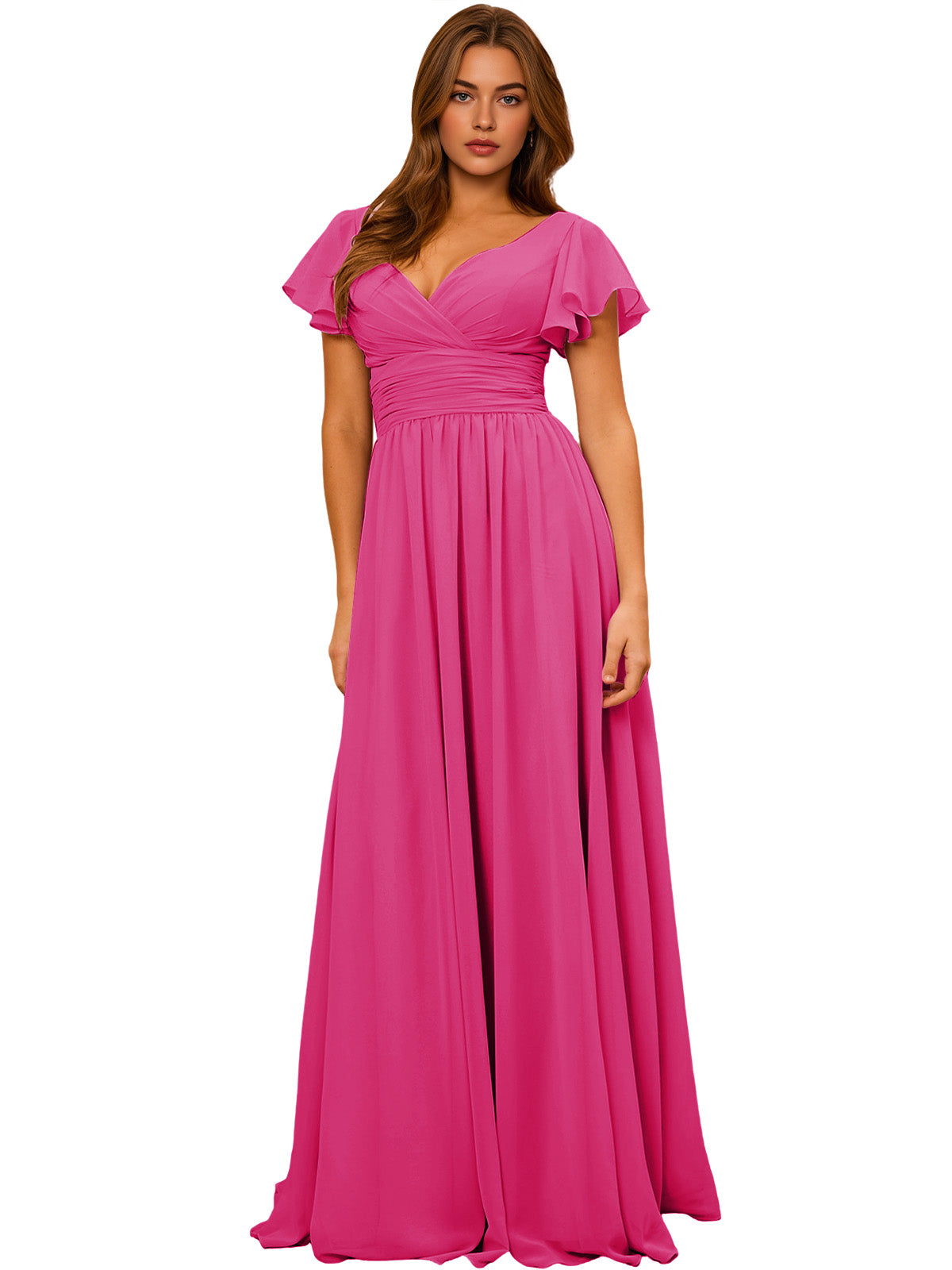 Hot pink chiffon bridesmaid dress with v-neck, flutter sleeves, empire waist, pleated skirt