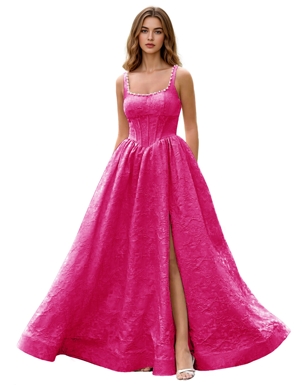 Square-neck jacquard ball gown prom dress in hot pink, wide straps, side slit