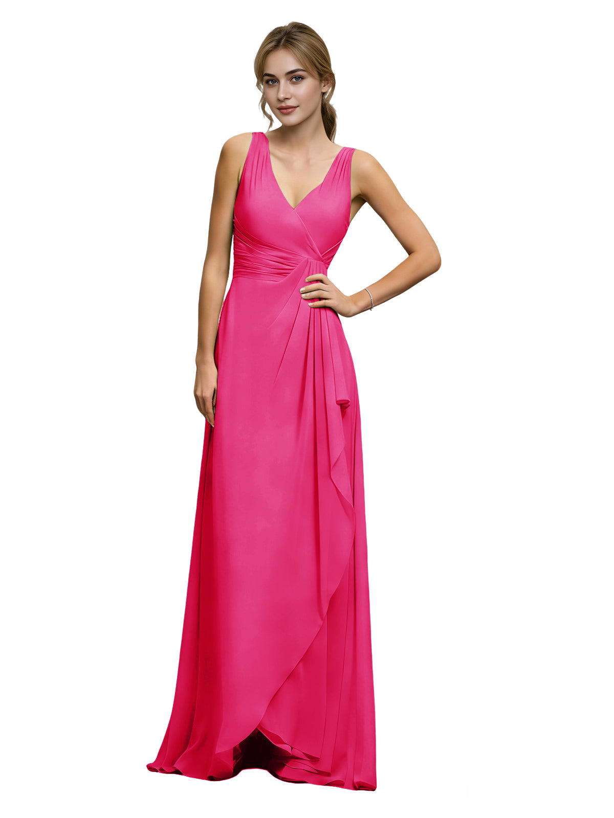 Hot pink chiffon bridesmaid dress with halter V-neck and draped sash waist, flowing skirt