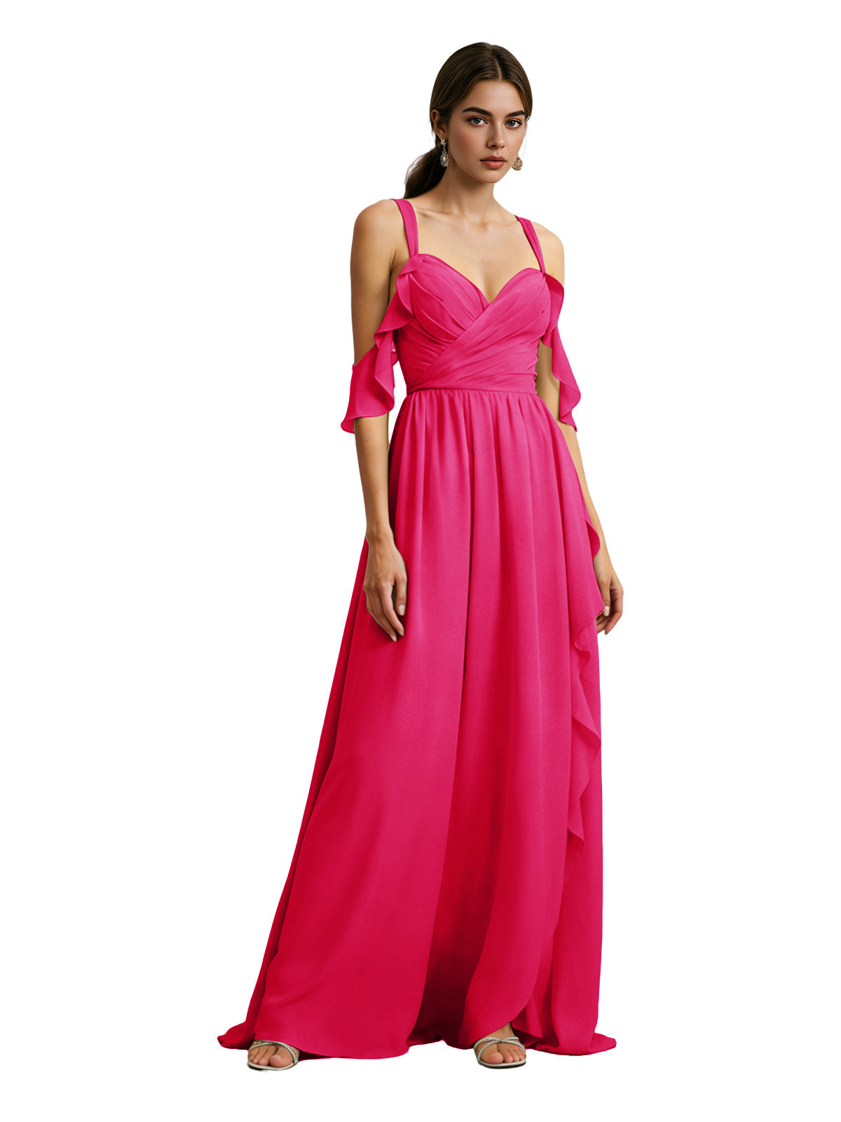 Hot-pink chiffon cold-shoulder maxi dress with draped V-neck bodice and ruffled off-shoulder