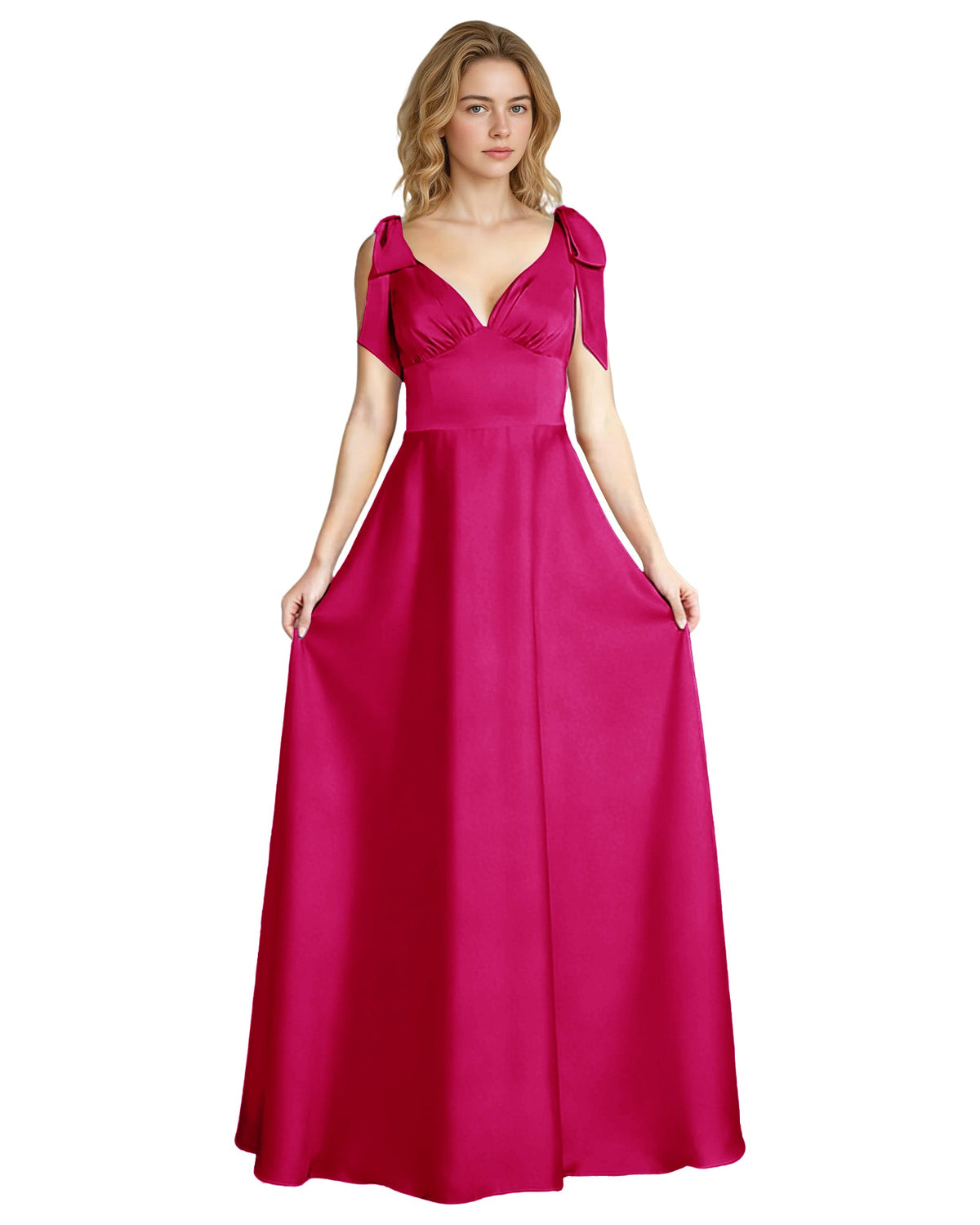 Fuchsia satin V-neck bridesmaid dress with bow shoulder straps and empire waist, full length