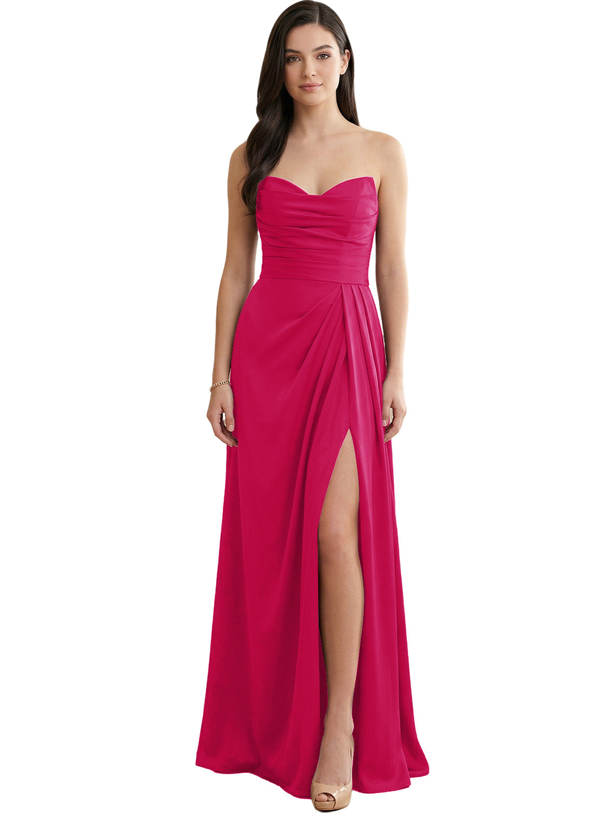 Strapless pleated satin bridesmaid dress in hot pink with thigh-high side slit