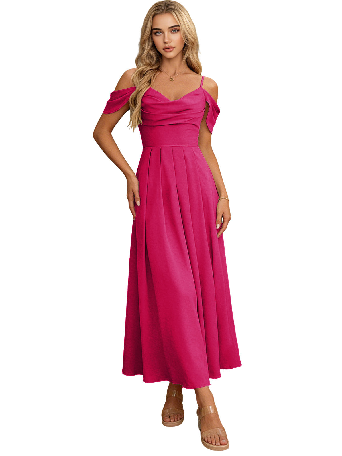 Hot pink off-shoulder midi bridesmaid dress with ruched bodice and pleated skirt