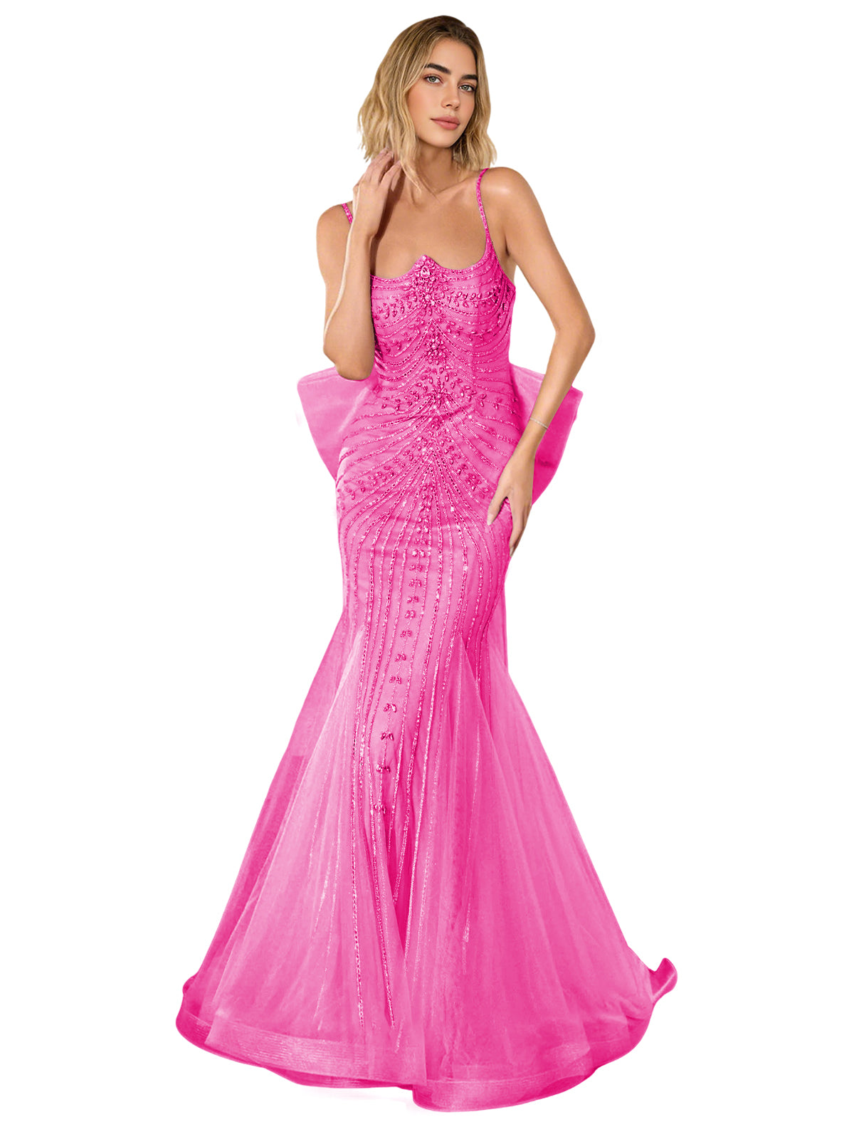 Hot pink sparkly prom dress with corset bodice, trumpet silhouette and sweep train
