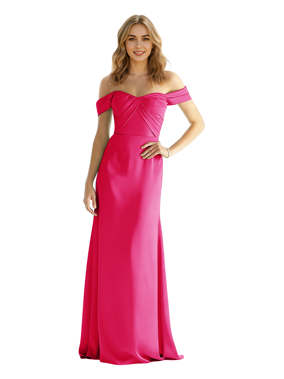 Fuchsia pink satin off-shoulder sweetheart bridesmaid dress with wrapped bodice and long skirt
