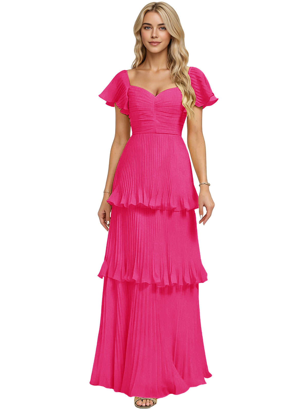 Tiered ruffle chiffon bridesmaid dress with sweetheart neckline and flutter sleeves, hot pink.