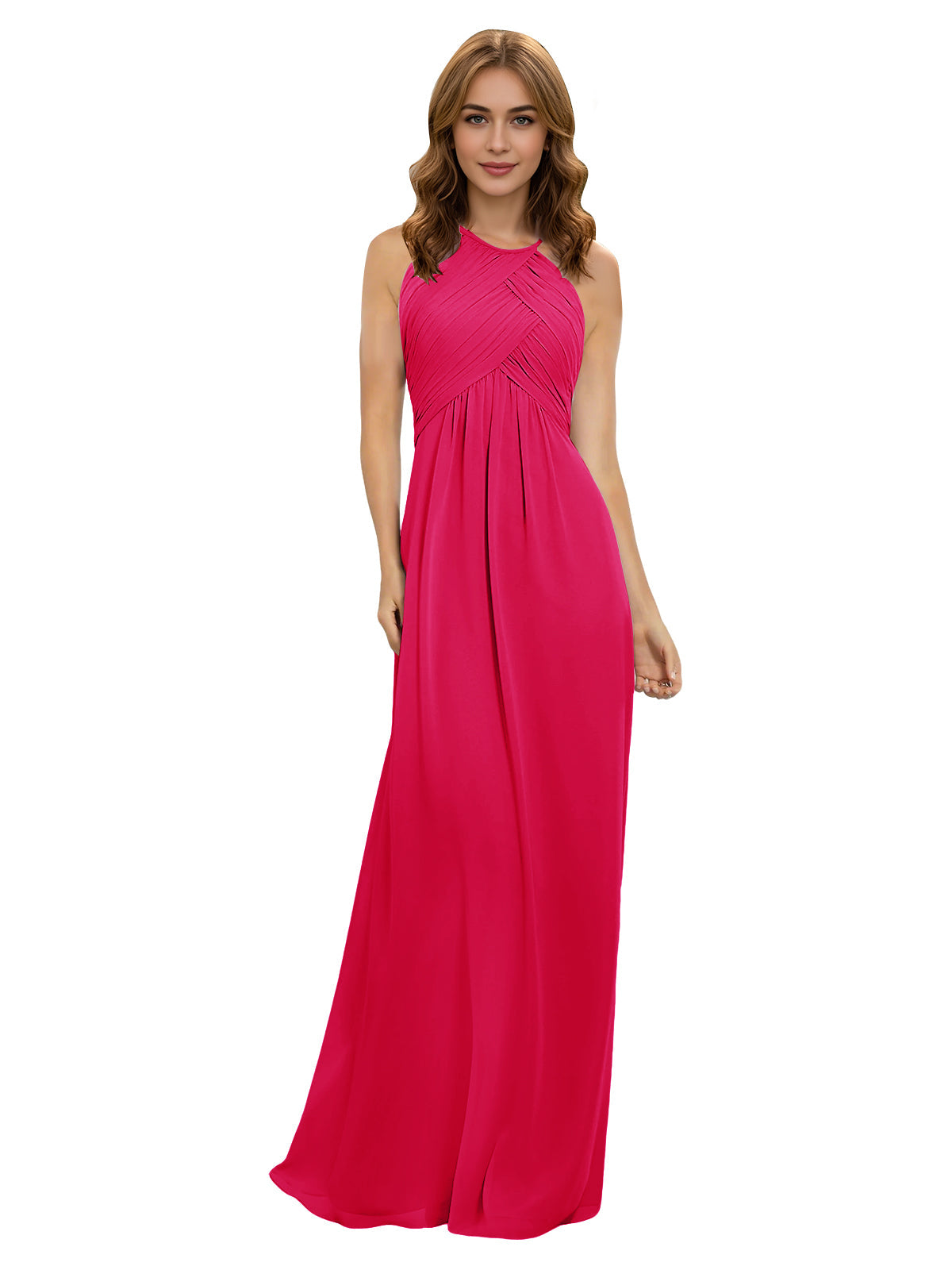 Hot pink halter chiffon bridesmaid dress with twisted bodice and long flowing skirt