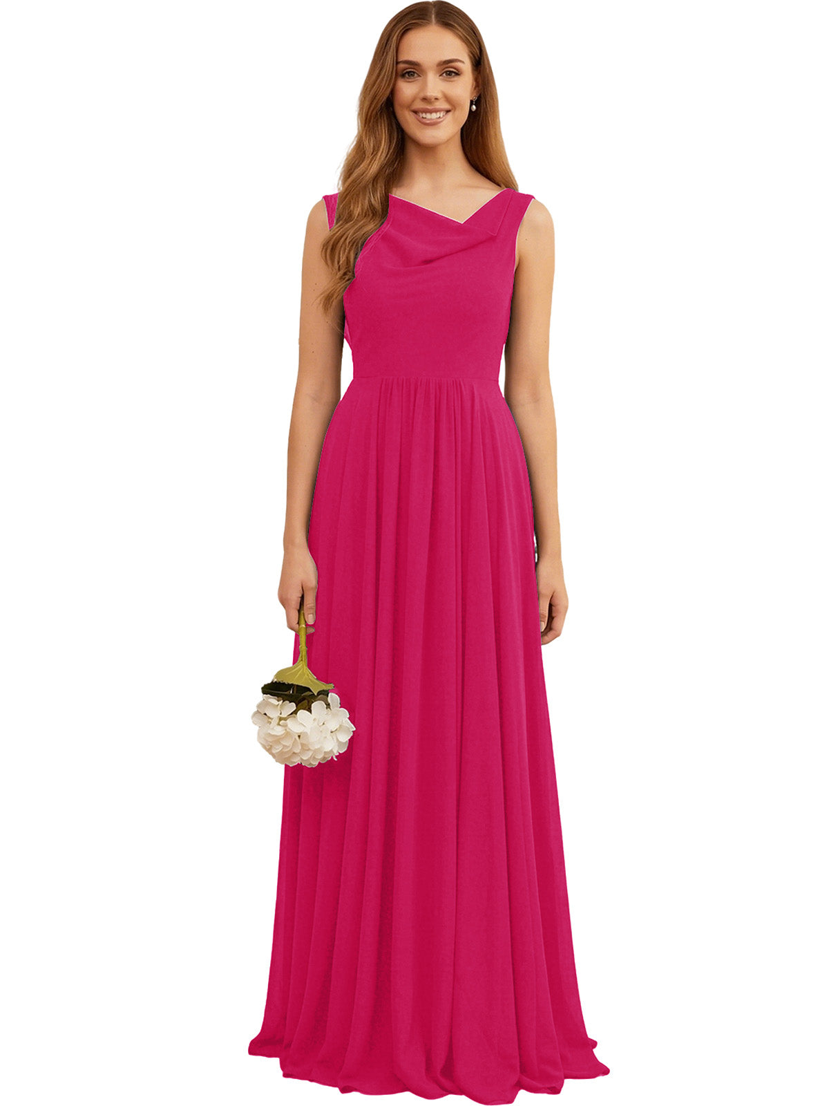 Fuchsia sleeveless chiffon bridesmaid dress with V-jewel neckline and pleated maxi skirt