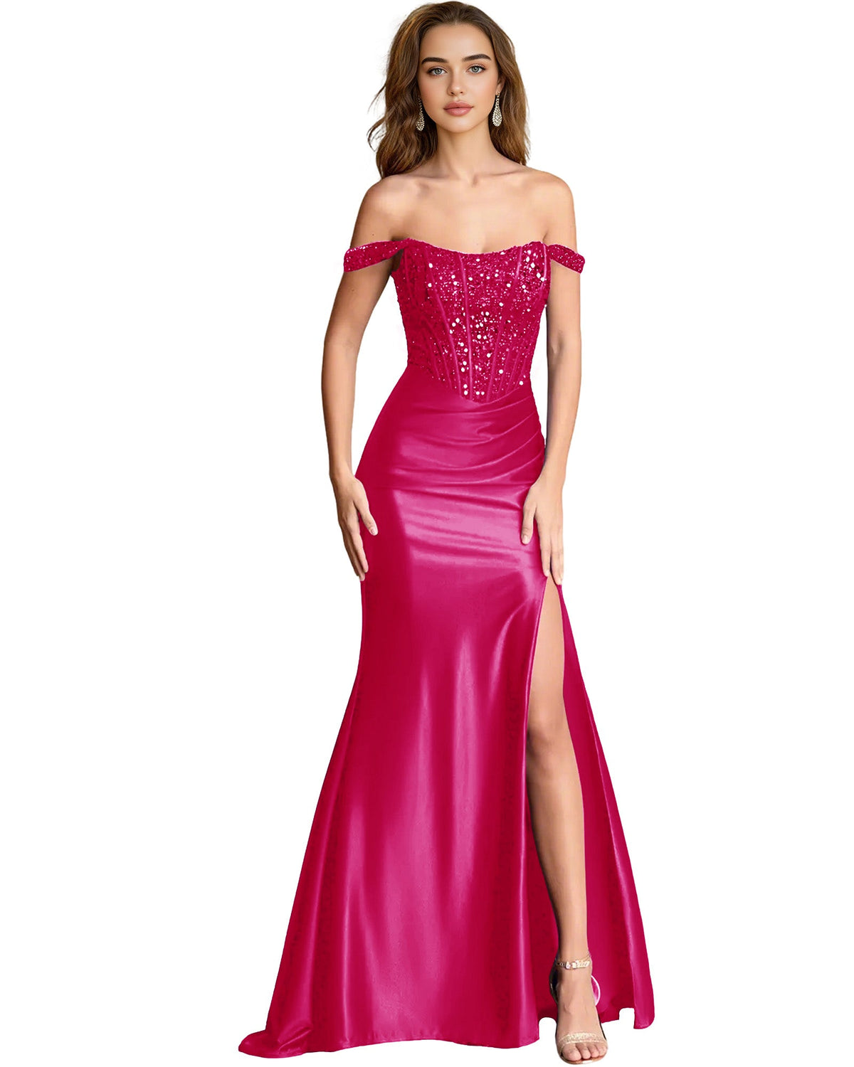 Hot pink off-shoulder sequin satin mermaid dress with glitter bodice and front slit