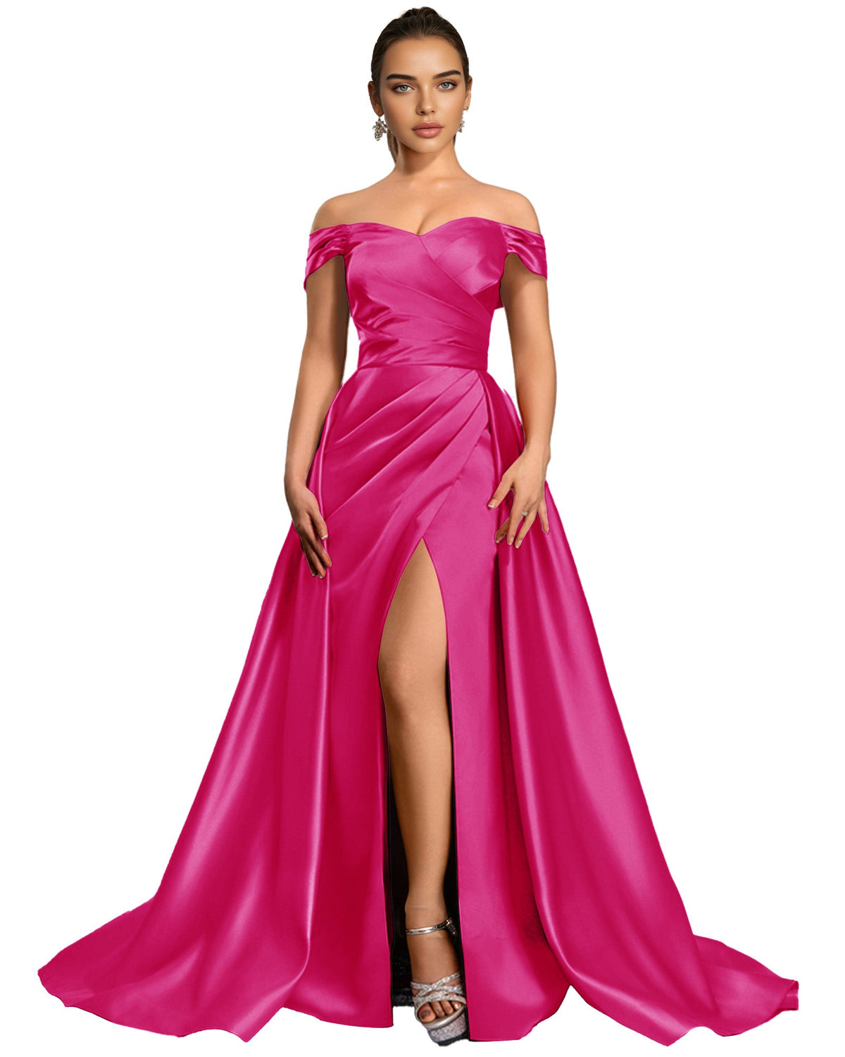 Fuchsia off-shoulder satin ball gown with draped bodice and high front slit