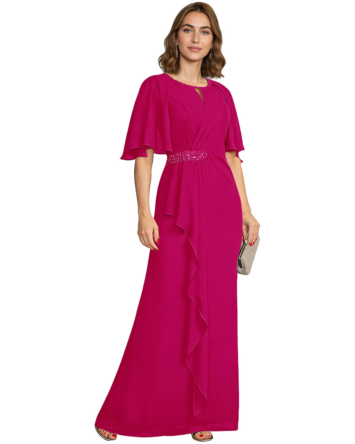 Magenta chiffon A-line gown with flutter sleeves and beaded waist, draped front