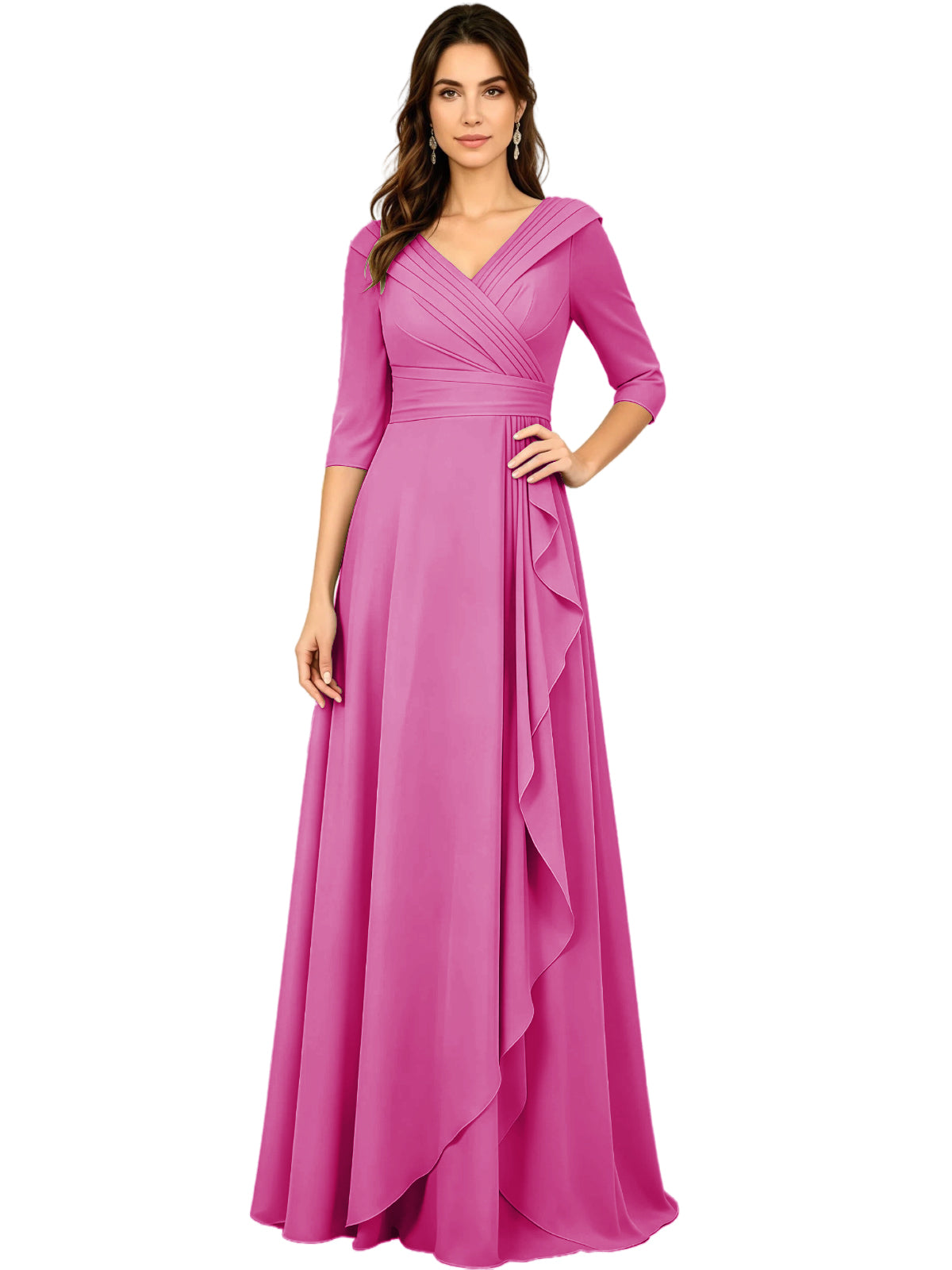 Hot pink chiffon V-neck A-line dress with three-quarter sleeves and side ruffle overlay