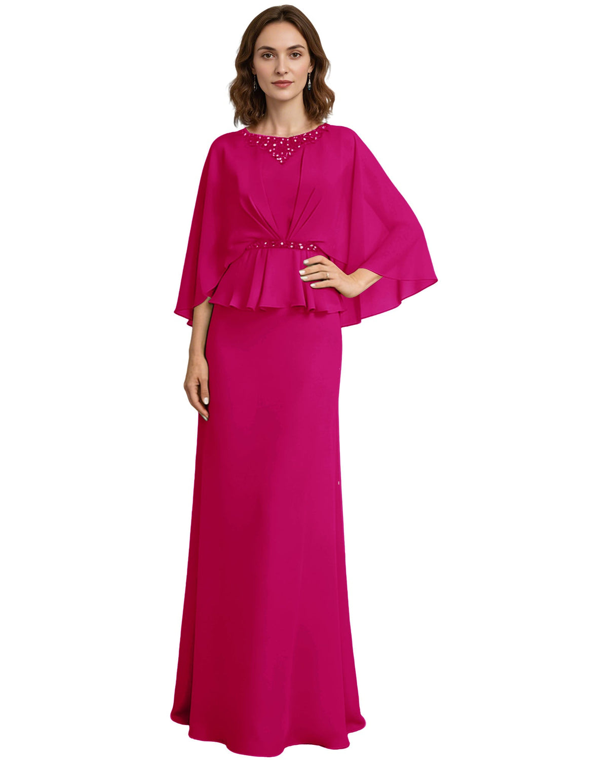 Hot pink long formal gown with beaded neckline, capelet sleeves, and layered peplum ruffle.
