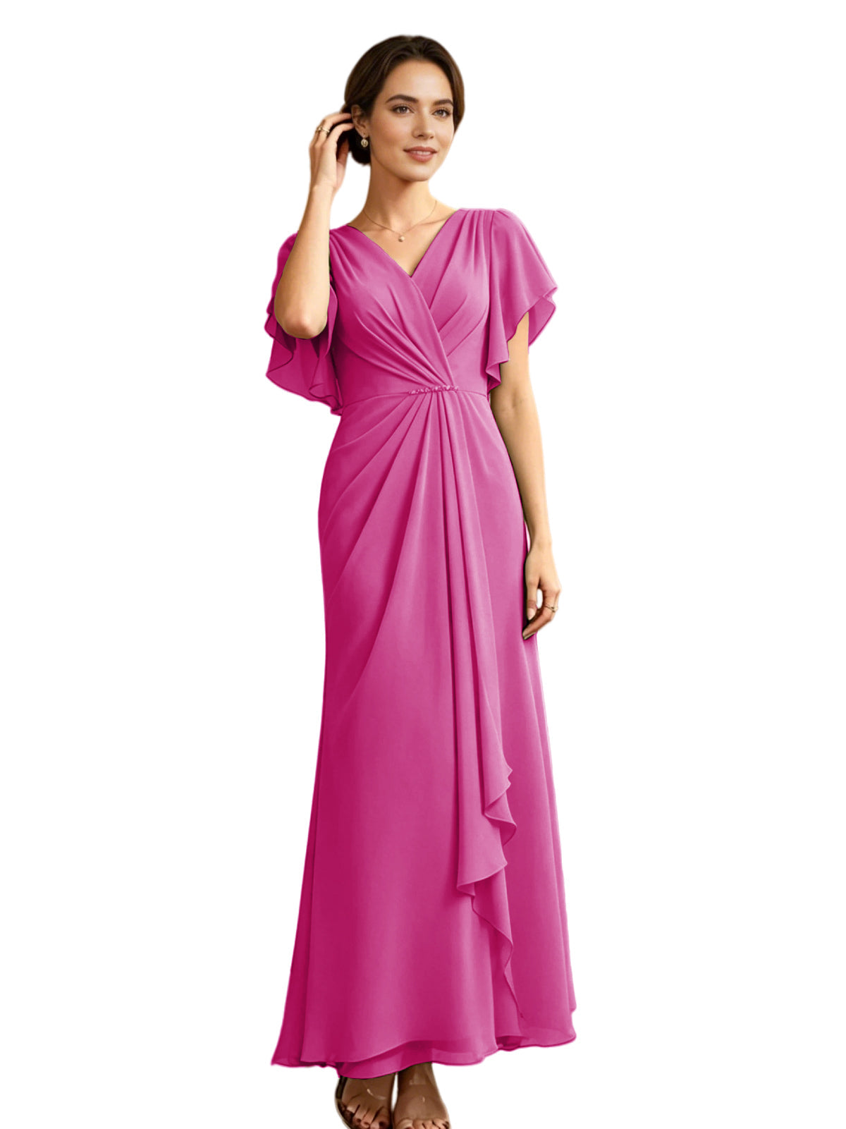 Magenta pink chiffon mother-of-the-bride dress with V-neck, flutter sleeves, and ruffled hem