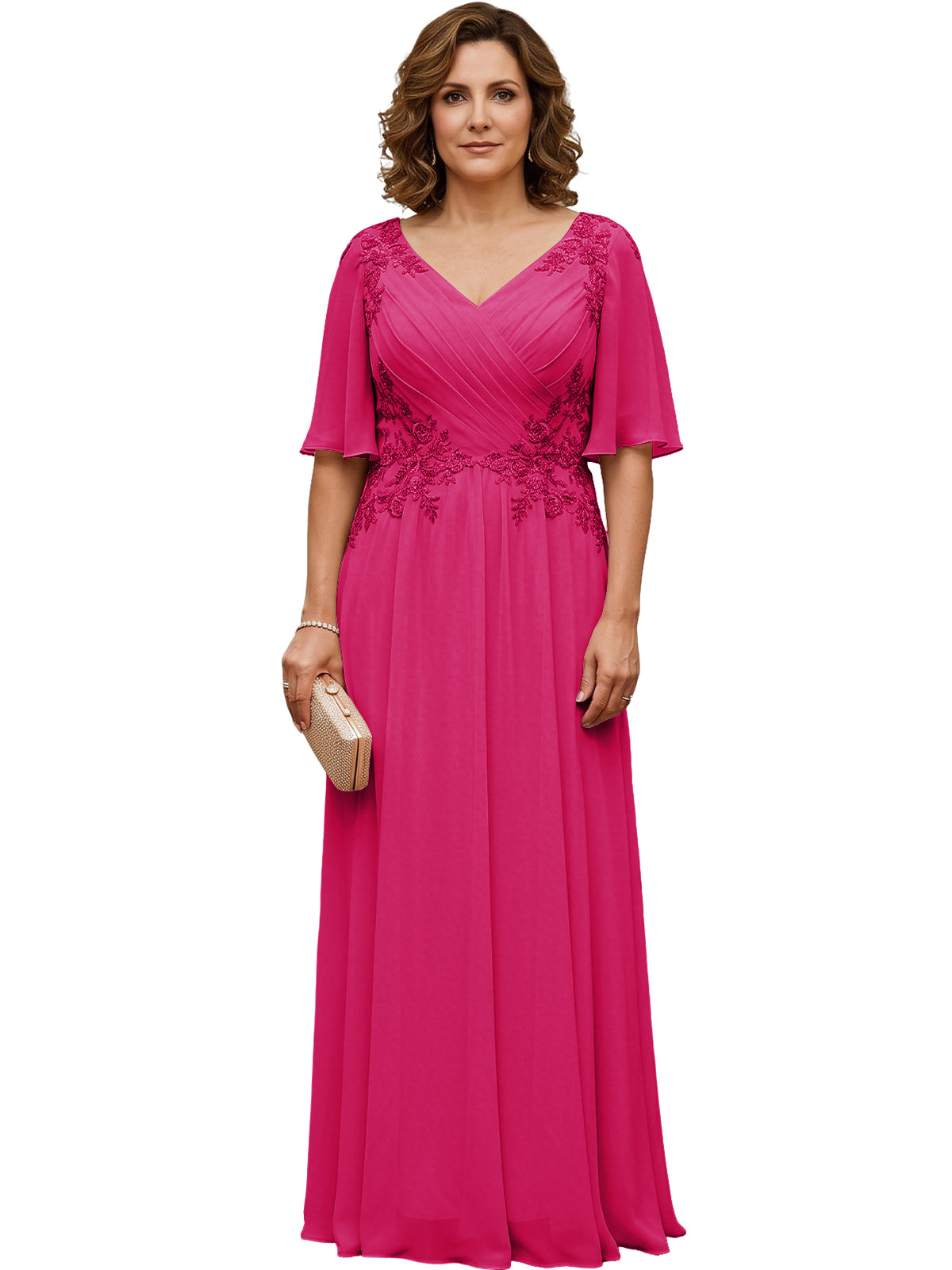 Hot pink long A-line chiffon gown with flutter sleeves and beaded lace V-neck bodice