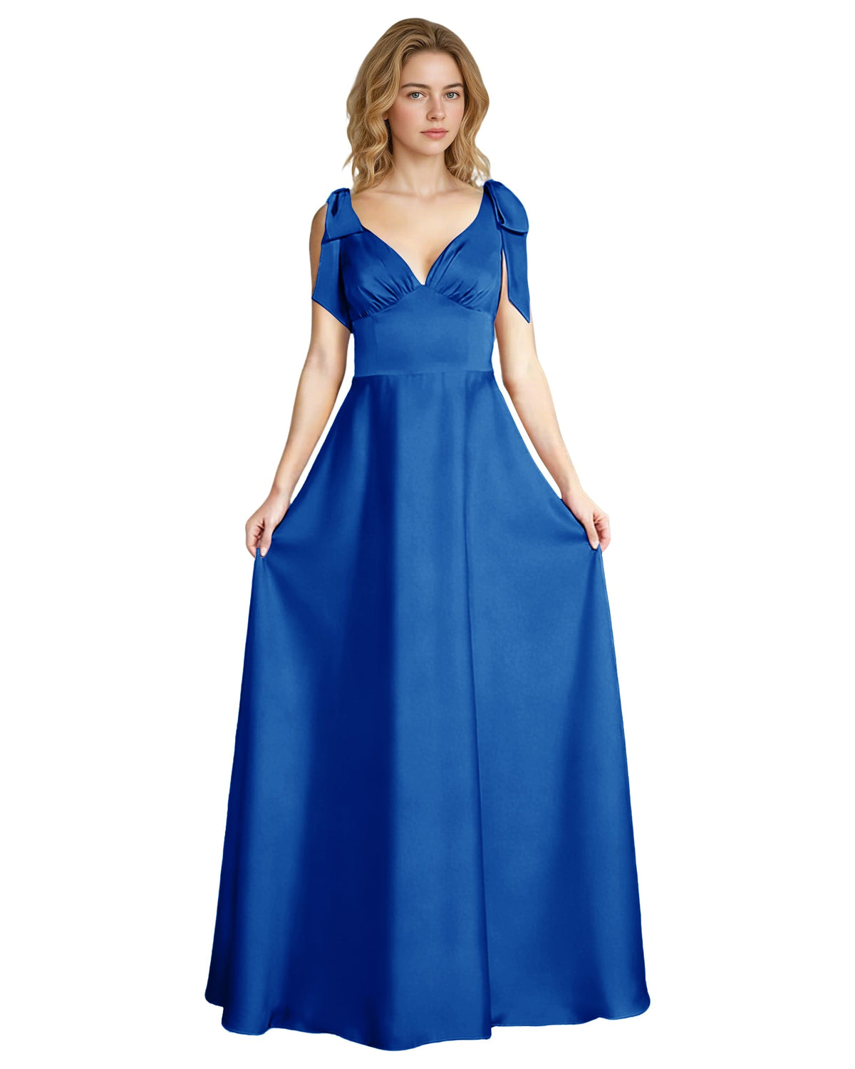 Blue satin V-neck bow strap bridesmaid dress with empire waist and flowing skirt