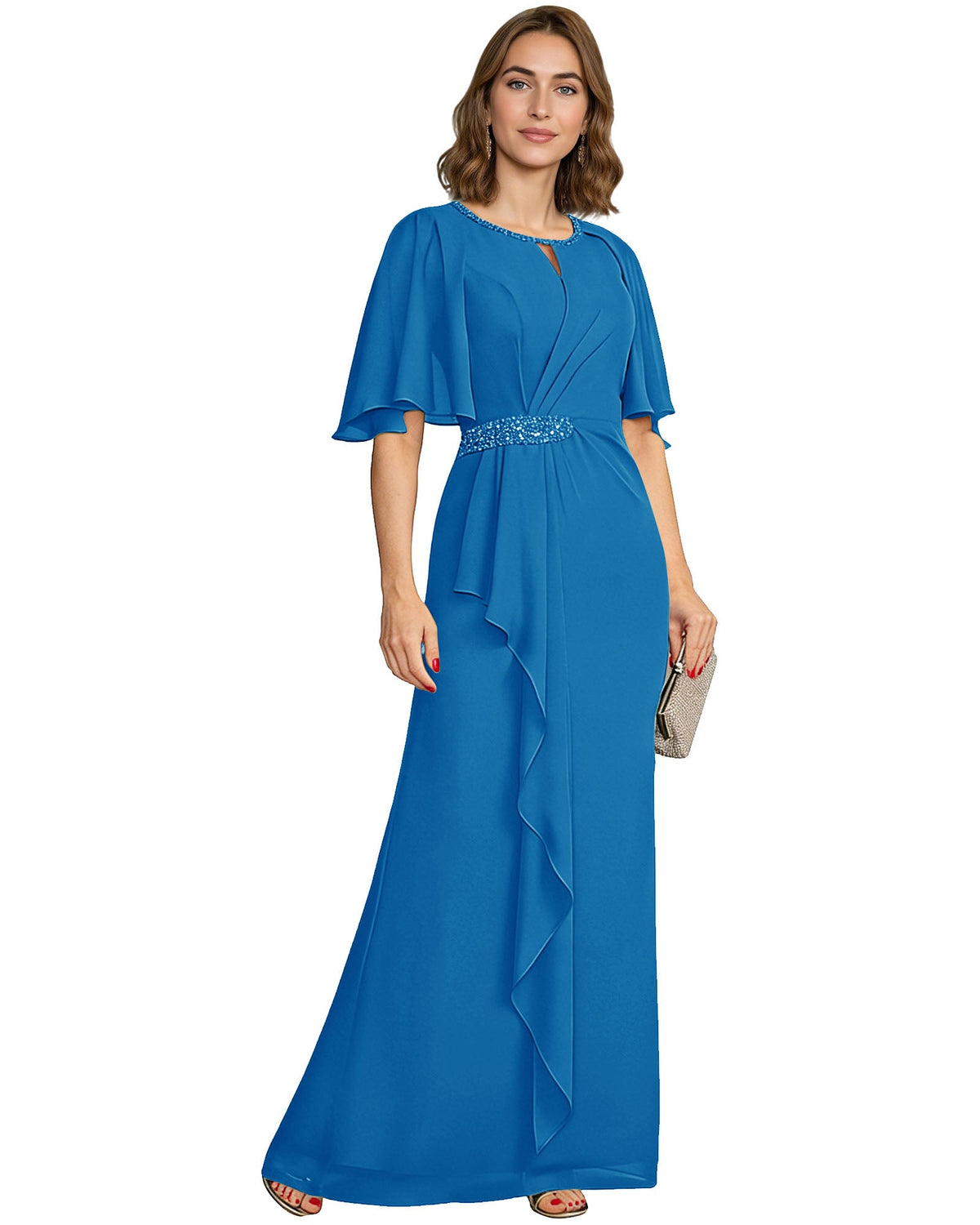Royal blue chiffon A-line formal gown with flutter sleeves and beaded waist detail