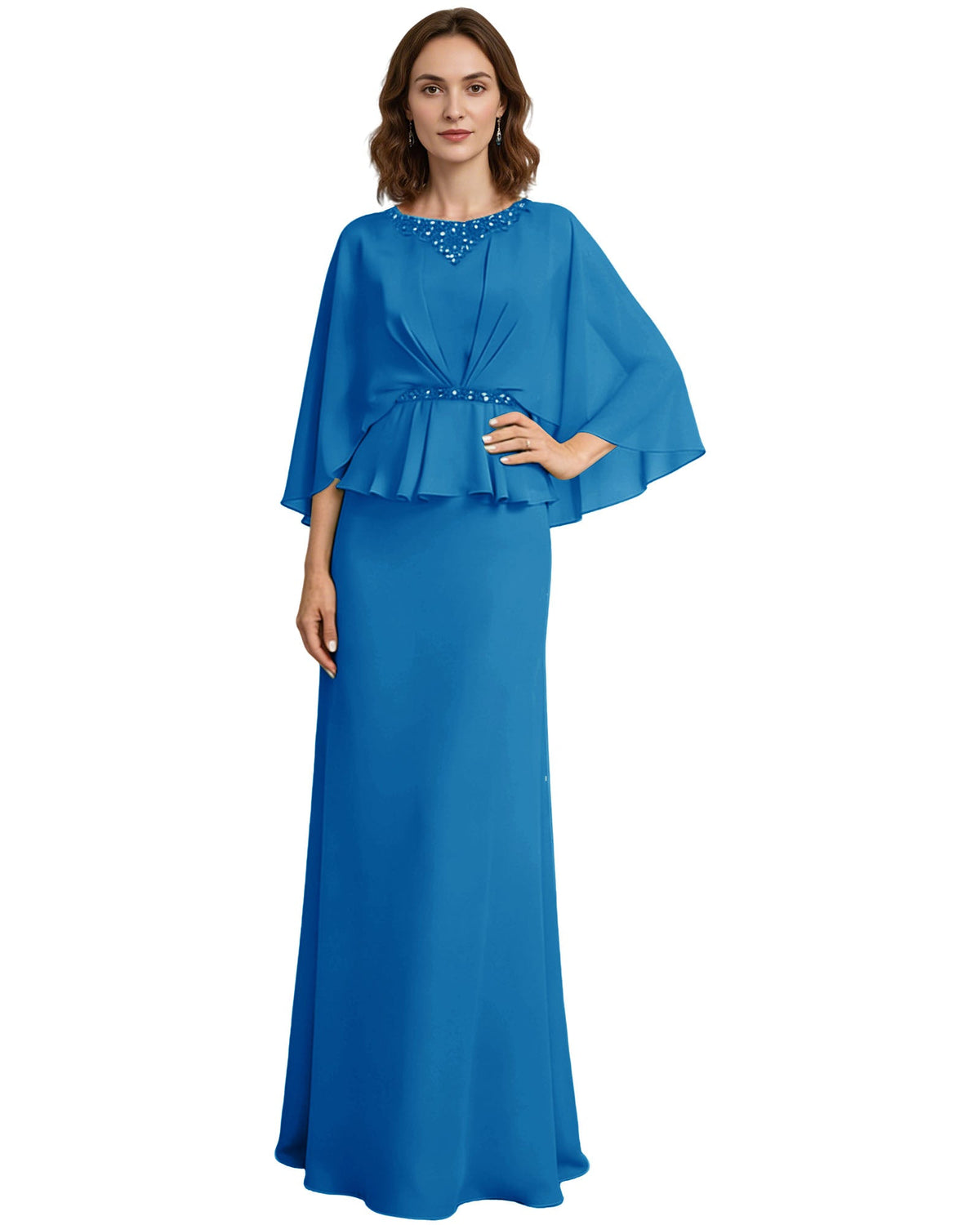 Blue long formal gown with beaded neckline, draped capelet sleeves, and layered peplum hem.