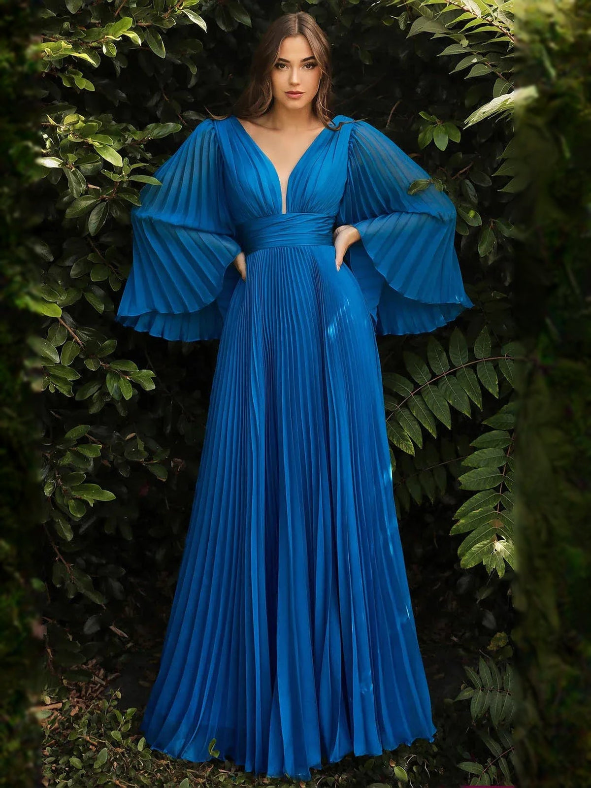 Cobalt blue V-neck chiffon formal dress with pleated A-line skirt and cape-like flutter sleeves