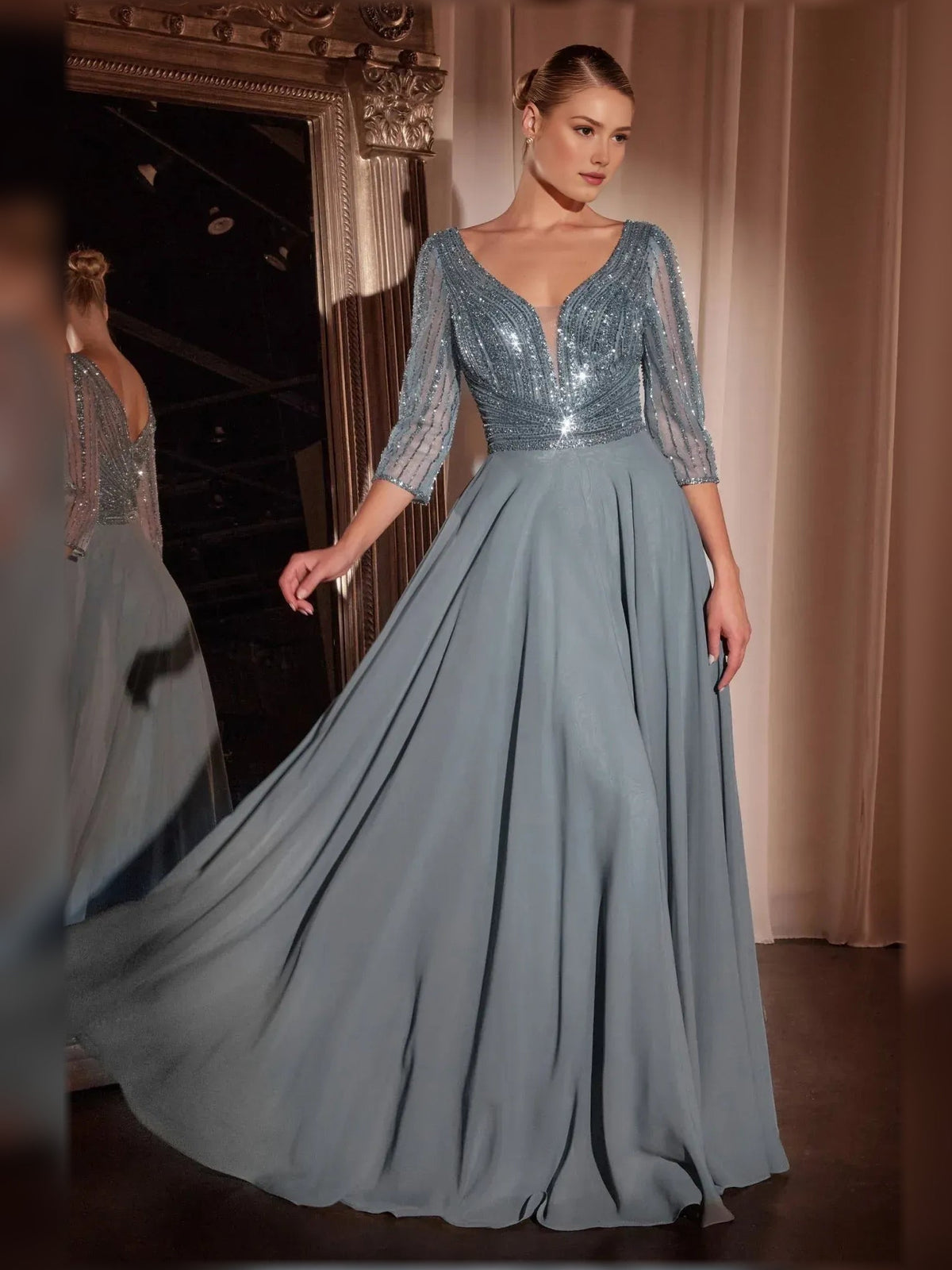V-neck beaded A-line formal dress in light blue, 3/4 sleeves, floor-length