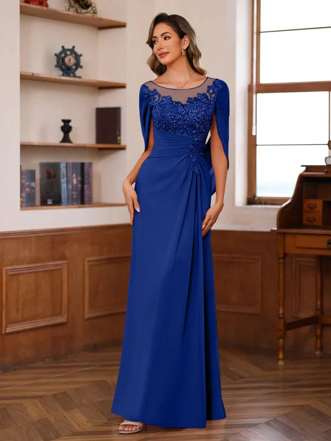 Royal blue floor-length chiffon sheath dress with flower applique scoop neckline