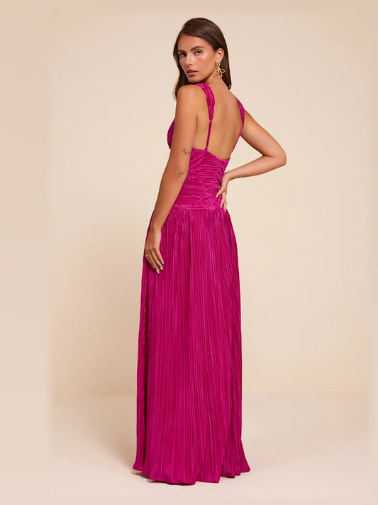 Berry pink chiffon A-line maxi dress with V-neck and thin straps, ruched bodice