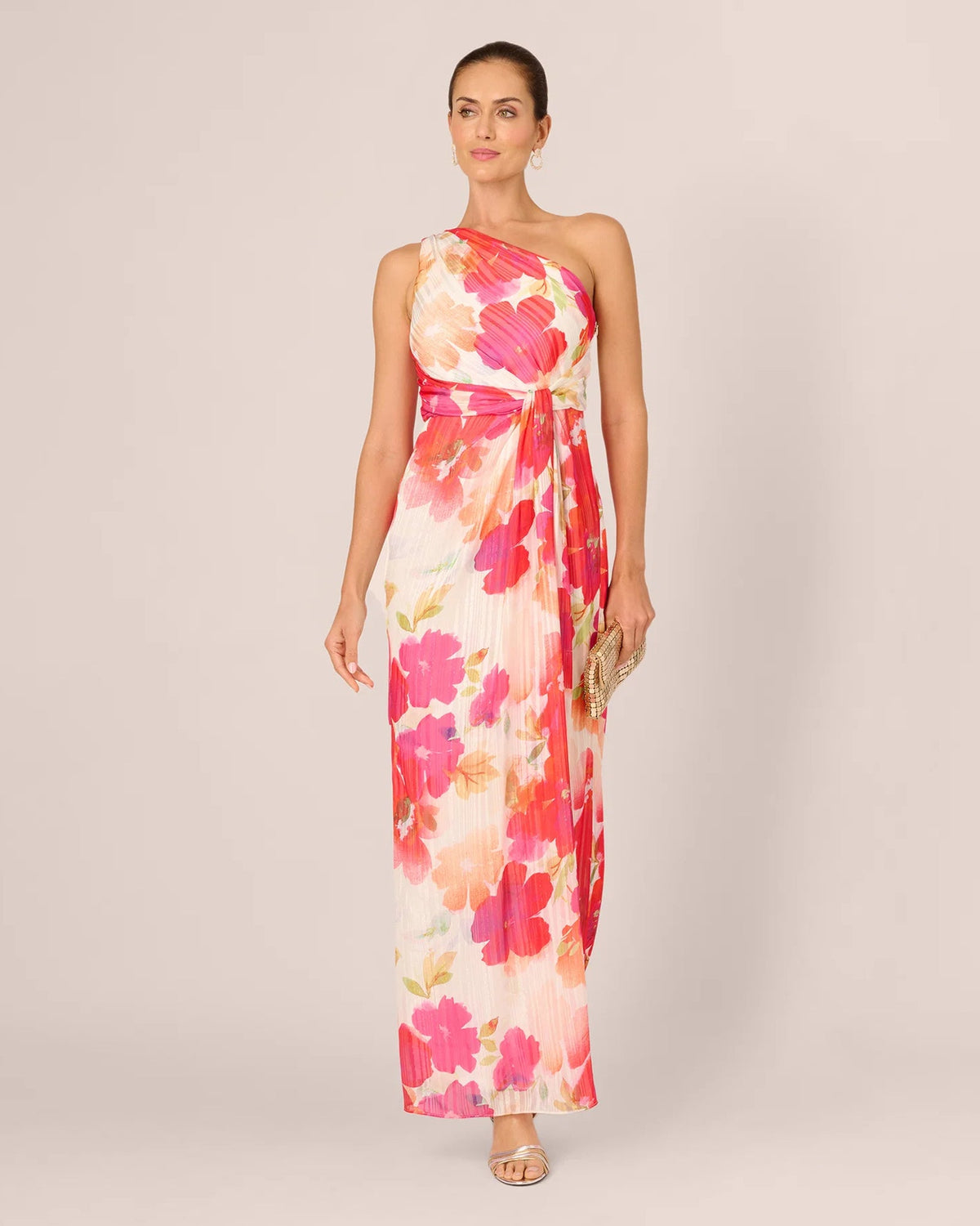 Full front view of one-shoulder maxi dress, ivory with pink and red floral print