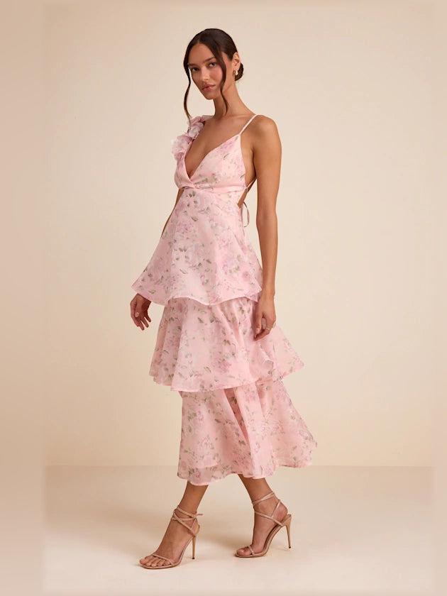 Daleyza light pink floral organza tiered midi formal dress, V-neck and layered skirt ruffles
