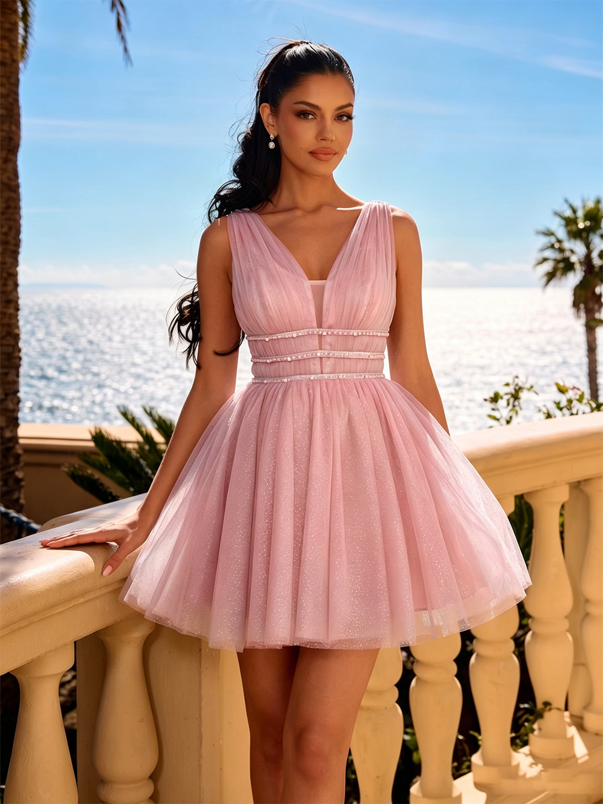 Pink glitter tulle homecoming dress with V-neck and beaded waist, sleeveless
