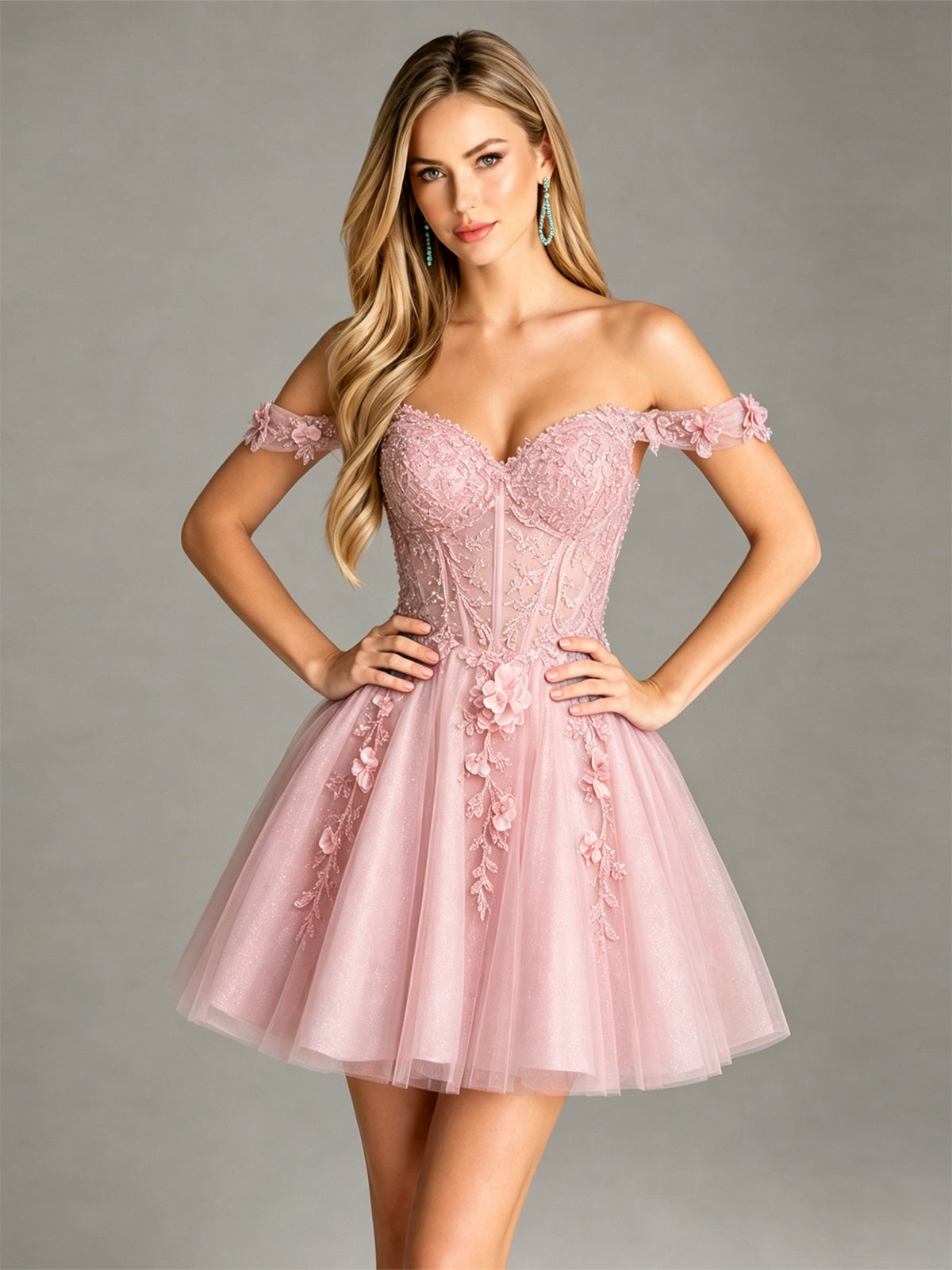 Blush pink off-shoulder glitter tulle corset dress with 3D floral embroidery and layered skirt