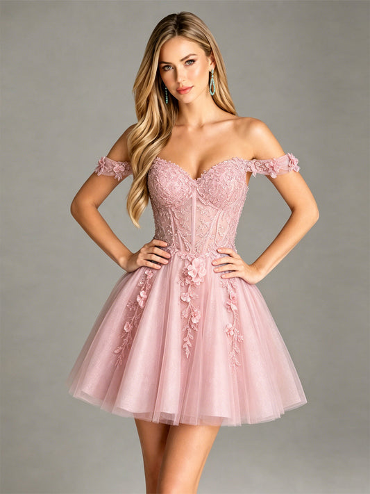 Blush pink off-shoulder glitter tulle corset dress with 3D floral embroidery and layered skirt