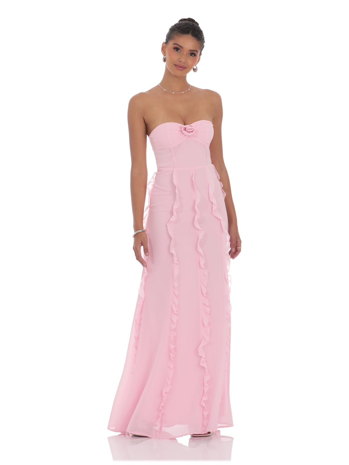 Pink strapless A-line maxi chiffon dress with rosette bodice and ruffled skirt