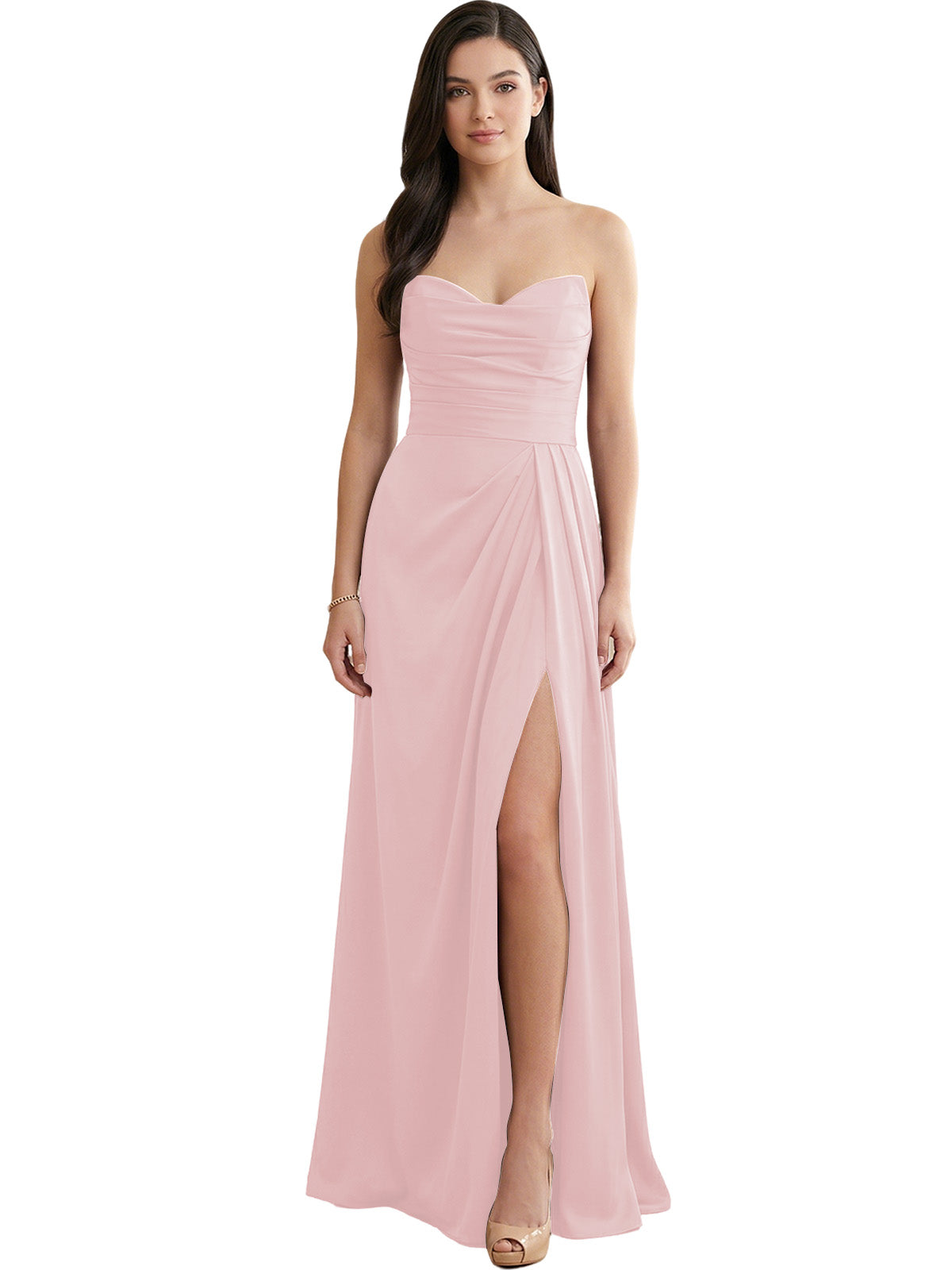 Strapless pleated satin bridesmaid dress in light pink with thigh-high side slit