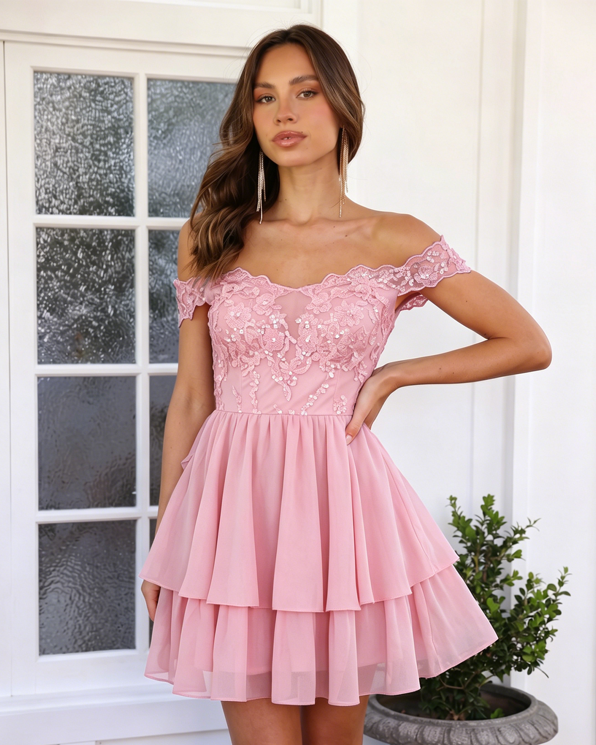 Blush pink off-shoulder lace A-line homecoming dress with tiered skirt and embellished bodice