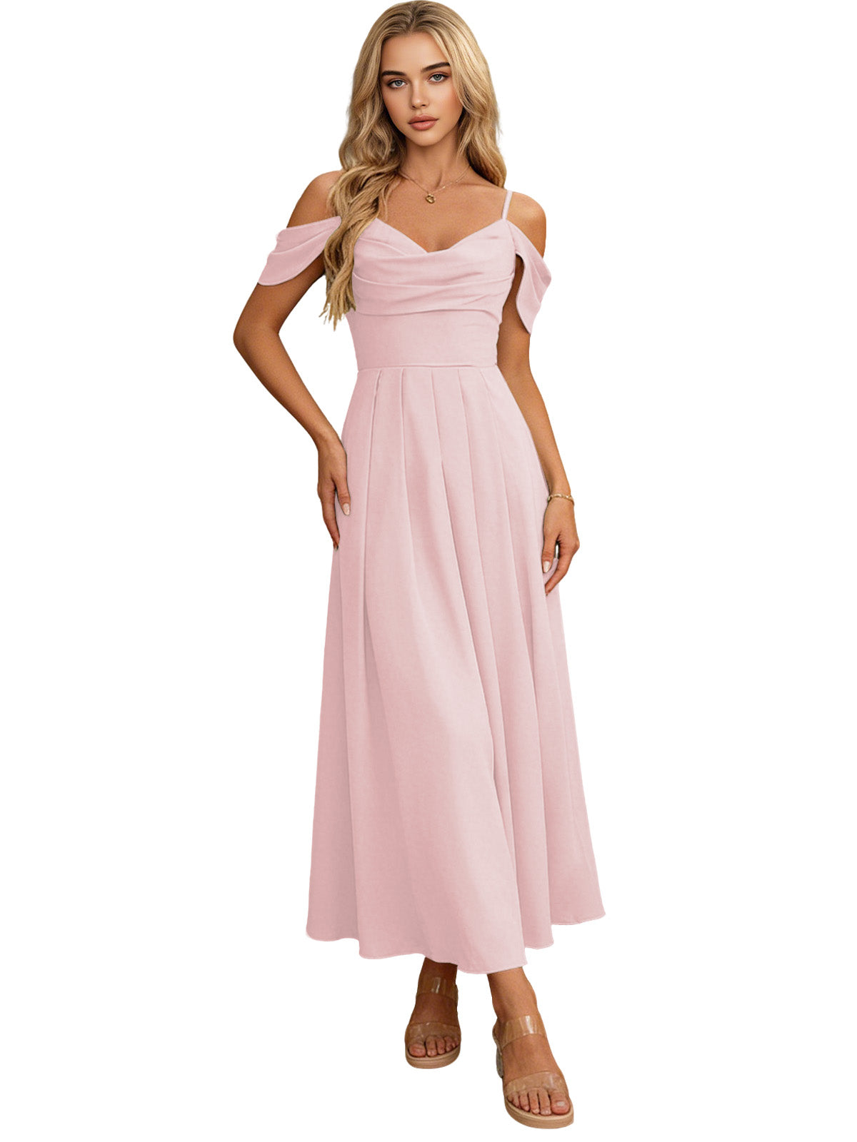 Blush pink off-shoulder midi bridesmaid dress with ruched bodice and pleated skirt