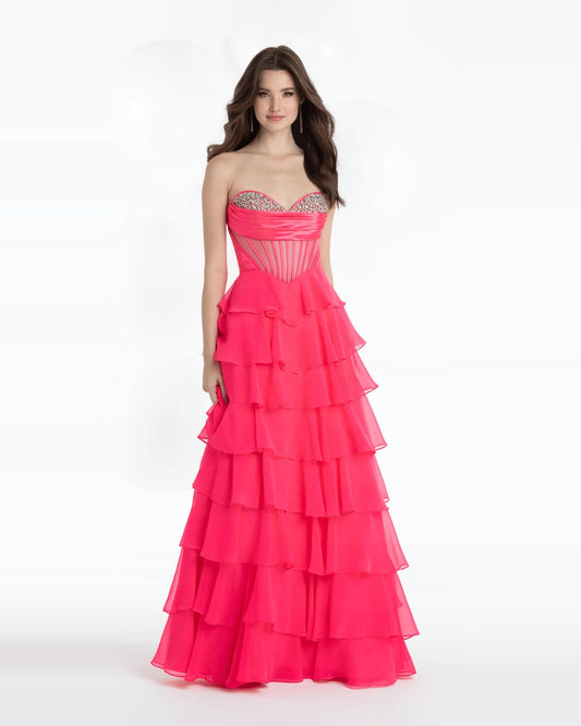 Pink front sweetheart A-line maxi prom dress with tiered ruffle skirt and beaded bust