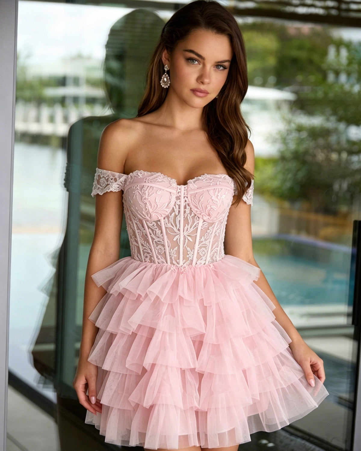 Off-shoulder lace corset tulle homecoming dress, blush pink tiered ruffle skirt