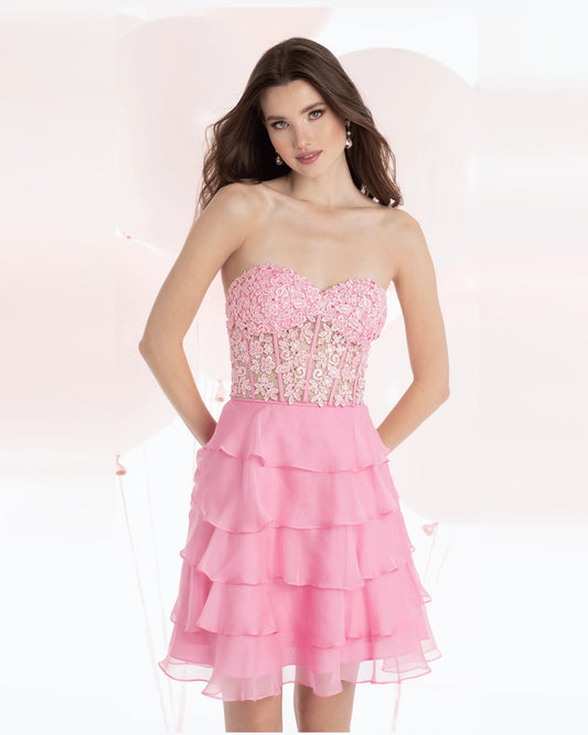 Pink tiered strapless homecoming dress with embroidered bodice and layered skirt