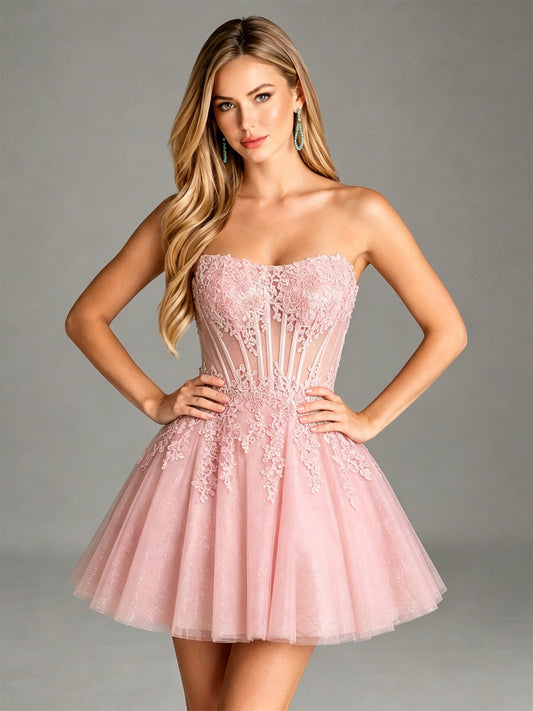 Pink strapless mini dress with lace applique sweetheart bodice and glitter tulle skirt