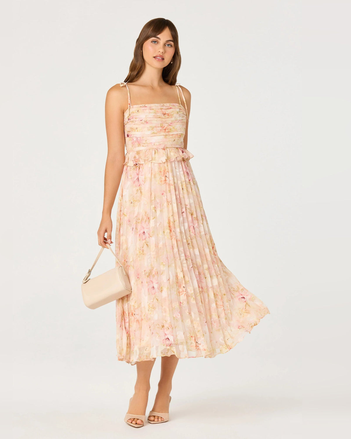 Pink floral midi A-line dress with spaghetti straps, pleated skirt and tied straps