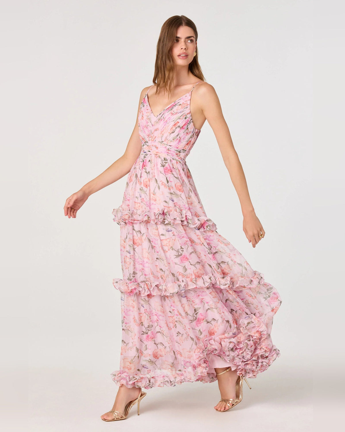 Pink floral tiered maxi dress with spaghetti straps, V-neck bodice, layered ruffles