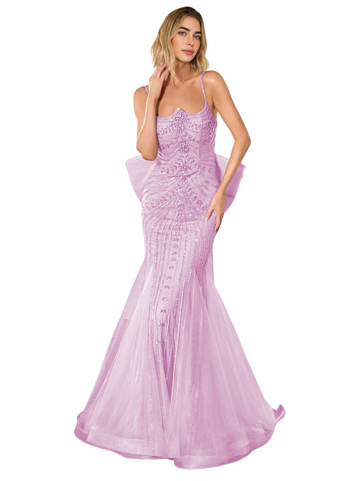 Lavender sequined prom dress with corset-style bodice and trumpet skirt, long sweep train
