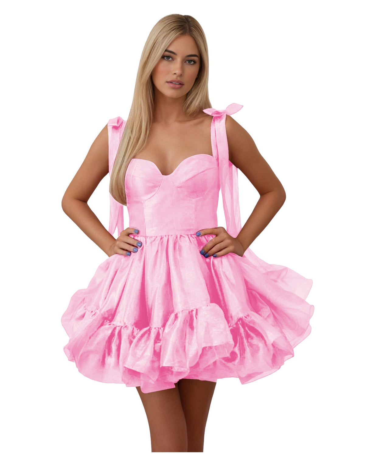 Light pink satin corset homecoming dress with bow shoulder ties and tiered ruffle skirt
