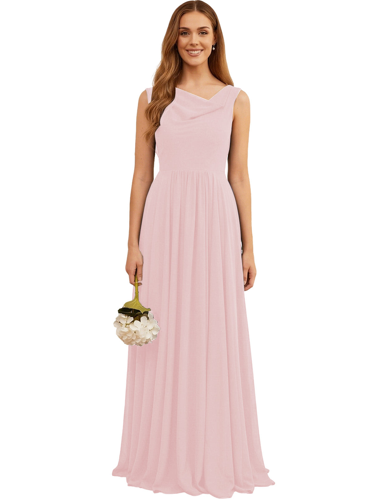Blush pink sleeveless chiffon bridesmaid dress with V-jewel neckline and pleated maxi skirt