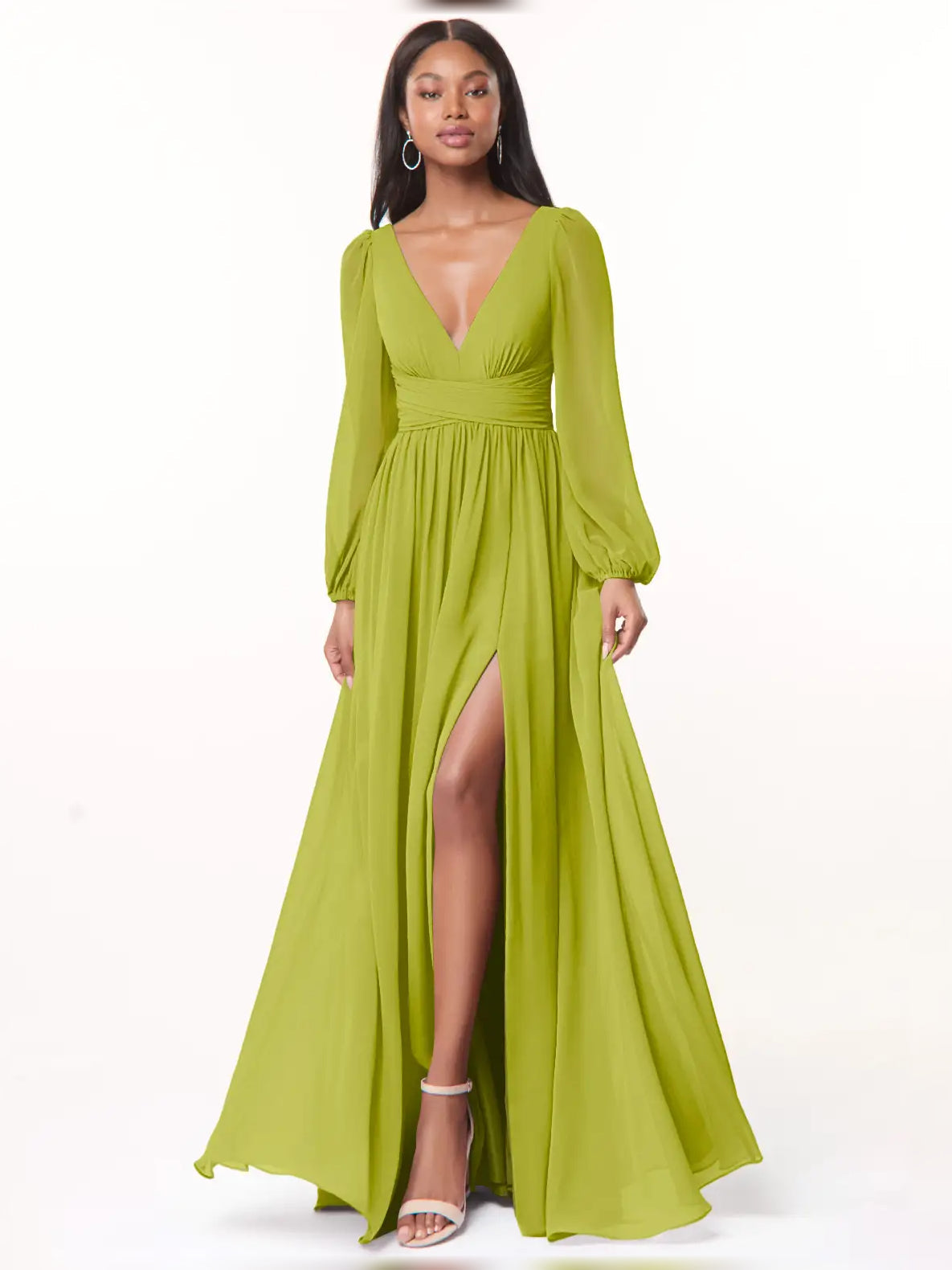 Chartreuse green slit A-line bridesmaid dress with plunging V-neck and long sleeves